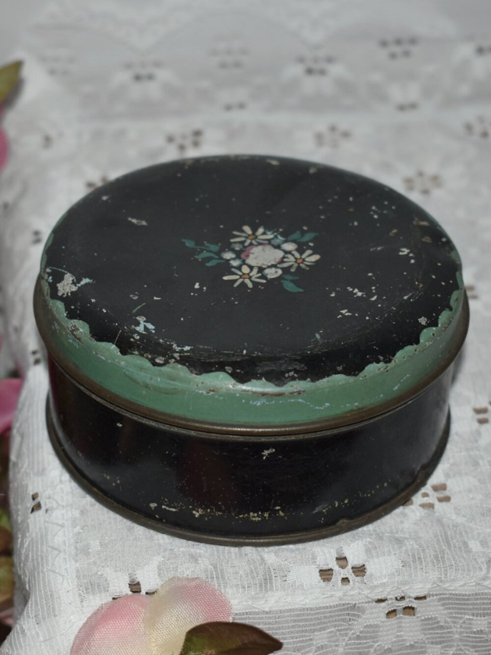 Antique Vintage Shabby Chic Distressed Cottagecore TINDECO Metal Tin Trinket Box